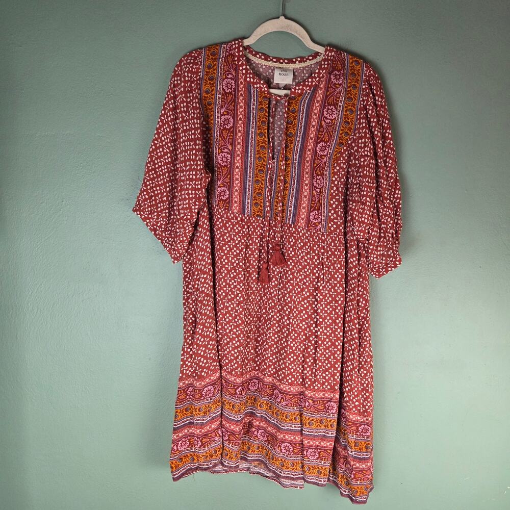 Knox Rose Womens Large Orange Tie Neck Flutter Peasant A-Line Dress Pockets Boho